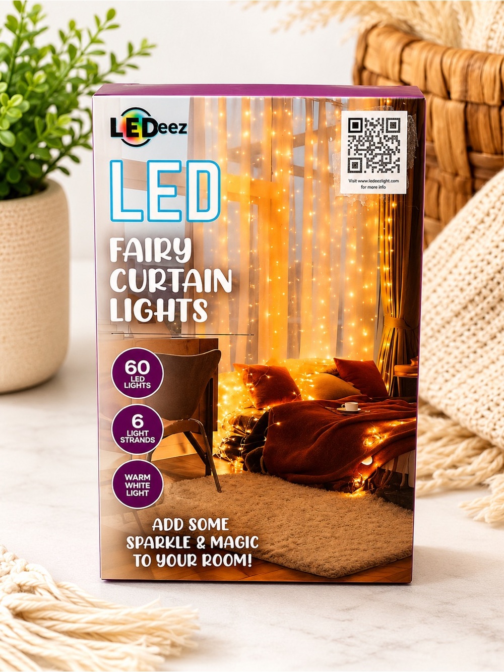 LEDeez Curtain Fairy Lights 60 count 6 Strand Warm White Light Battery Powered